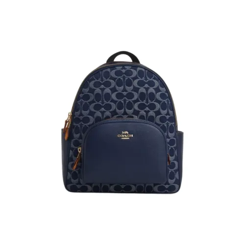COACH Корт Ткань с Коровьей Кожей Рюкзак Большой Женский Джинсовый Синий с Естественным Цветом