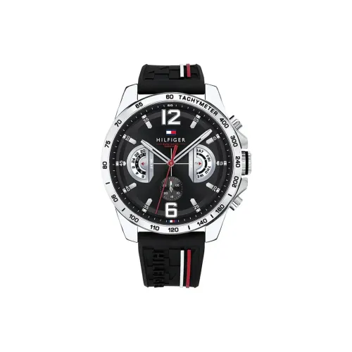 Tommy Hilfiger Мужские часы Кварцевый механизм Силиконовый ремешок 46 мм Черный циферблат