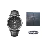 Серебряная игла, черный циферблат, черный кожаный ремешок, обсидиановый черный, подарочная коробка, комплект.