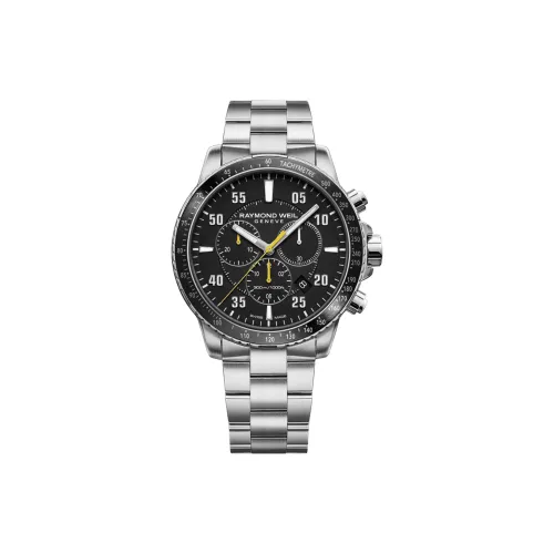 Raymond Weil Кварцевый механизм Мужские часы Часы 43 мм Черный циферблат Корпус из нержавеющей стали Ремешок из нержавеющей стали