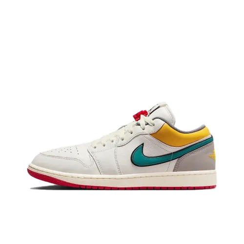 JORDAN Air Jordan 1 Винтажные баскетбольные кроссовки Low Топ Парусный белый Мужество Синий бежевый Охровый желтый Рубиново-красный Мужской