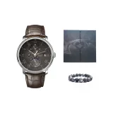 Черный циферблат, коричневый кожаный ремешок, обсидиановый черный, подарочная коробка, комплект.