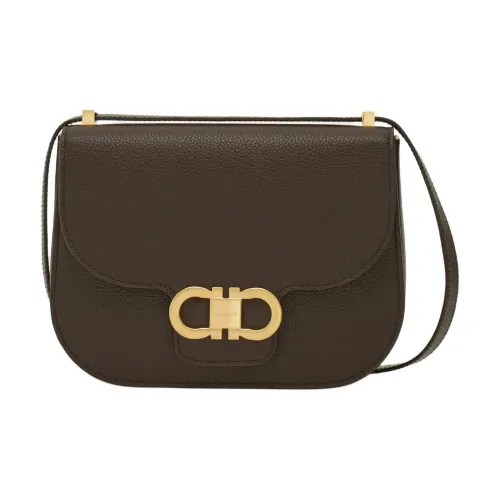 Ferragamo Gancini Hammered Текстура Коровья кожа Сумка через плечо Сумка на плечо Маленькая Женская Темно-коричневая