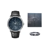 Серебряная игла, глубокий синий циферблат, черная кожа, ремень, обсидиановый черный, подарочная коробка, комплект.