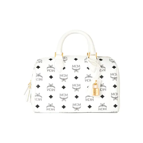 MCM Ella Холст с кожей Бостонская сумка Сумка через плечо Сумка Маленькая Женская Белая