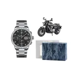 Серебряный корпус с черным циферблатом, серебряный стальной браслет, подарочная коробка, комплект