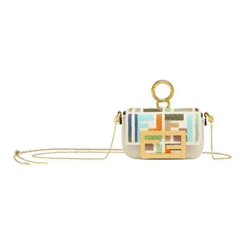 FENDI Baguette Холст Панелированная Кожа Детали Сумка через плечо Сумка через плечо Экстра мини Женская Многоцветная