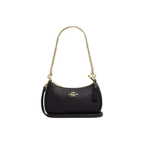 COACH Teri Утонченный Pebble Pattern Кожа Плечевая Сумка Мини Женская Черная