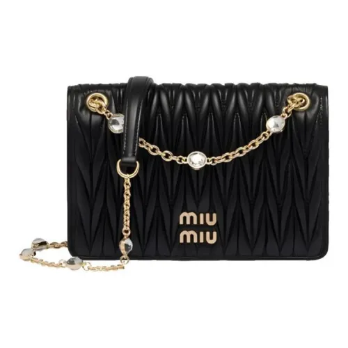 MIU MIU Matelassé Мягкий Овца Кожа Сумка через плечо Сумка на плечо Мини Женская Черный Золотой