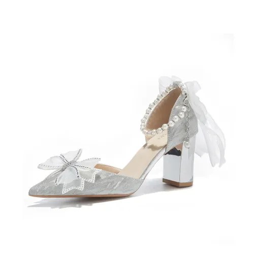 Medd Бант Французский Заостренный носок Кристальный Свадебная Обувь Грубый каблук Высокие каблуки 8 см Женская Серебряная