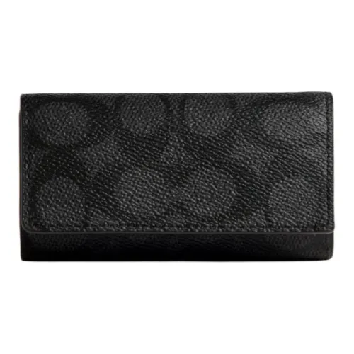 COACH Six Ring Покрытый холст с утонченной телячьей кожей Key Pouch Мини Унисекс Черный
