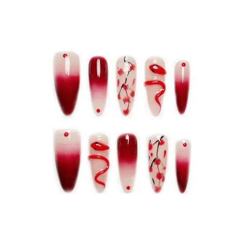Rui Jin Enchanting Красный Знак Змеи Handcrafted False Nail MID Длина (размер в длину) Милый Французский Кокетливый стиль Кошачий глаз Клетчатый Градиентный 18mm