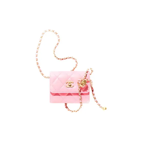 CHANEL 22SS Sheepskin Chain Coin Wallet Card Holder Crossbody Bag Women's Pink