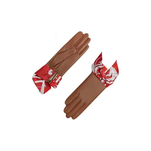 HERMES Шелк Кожа Вязаные перчатки Унисекс Коричневый