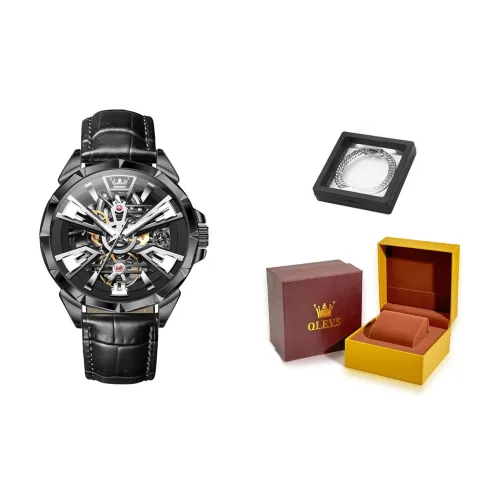 OLEVS Play The Cool Series Механическое механическое часы с кожаным ремешком Мужские часы Черный циферблат