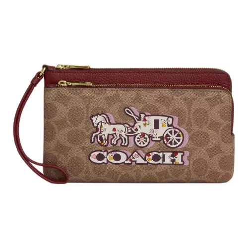 COACH Покрытый холст Кошелек Маленький Женский Коричневый и Черный Вишня