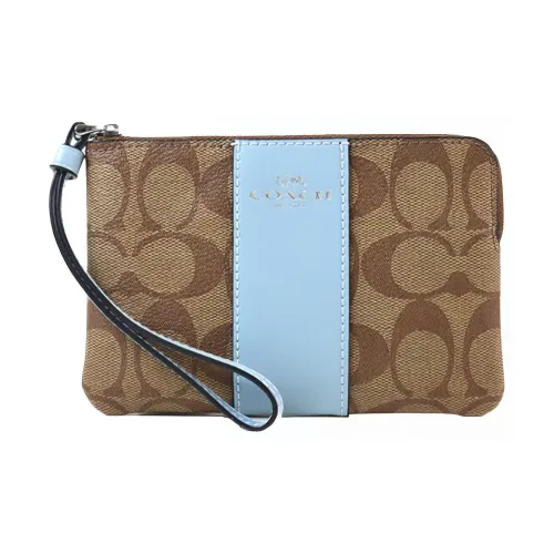 COACH Corner Zip Кожа Держатель для карт кошелек Клатч Запястье Сумка Средний Женский # Коричневый Небесно-голубой#