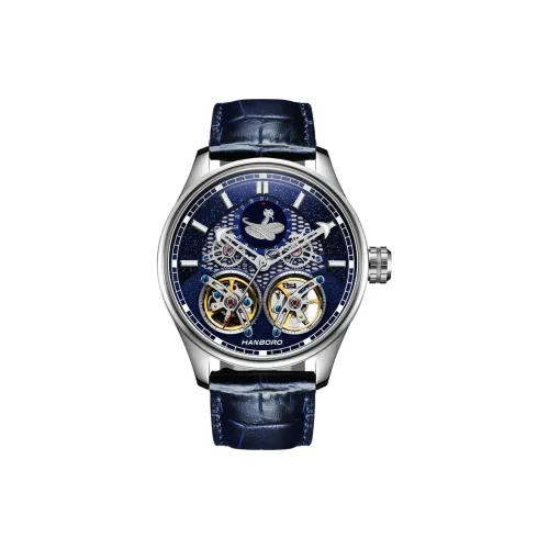 HANBORO Механическое устройство натуральная кожа ремень часы для мужчин синий циферблат