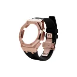 Розовое золото, шлифованный корпус, черные ленты