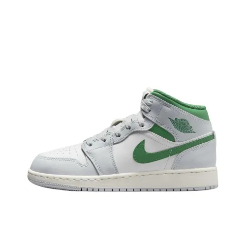 Jordan Air Jordan 1 Амортизация Износостойкий MID Топ Детские Баскетбольные Кроссовки Белый Серый Зеленый