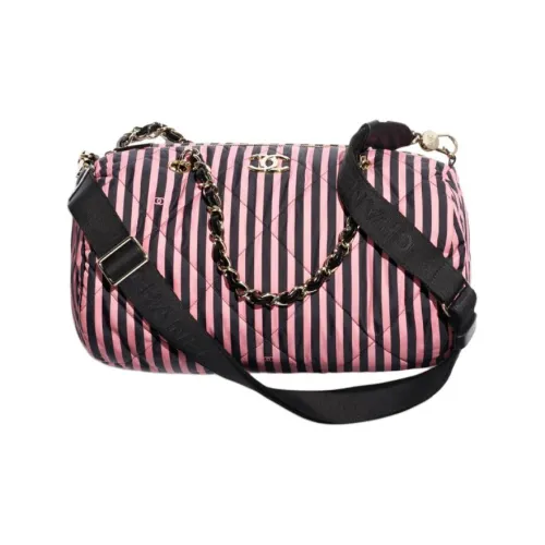 CHANEL Печатная ткань And Металл Боулинг Сумка Сумка через плечо Большая Женская Черная и Розовая