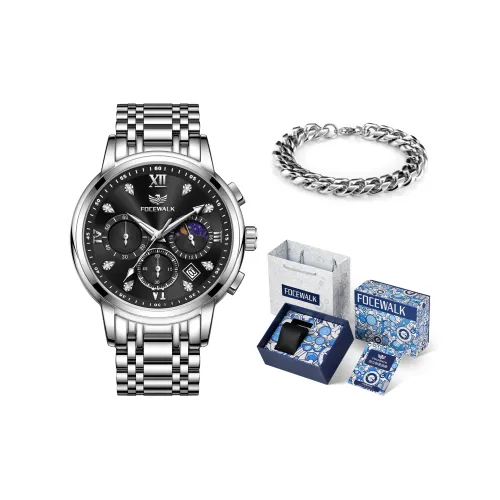 FOCEWALK Trendy Play Collection Кварцевый механизм Нержавеющая сталь Ремешок Часы Мужские Черный циферблат