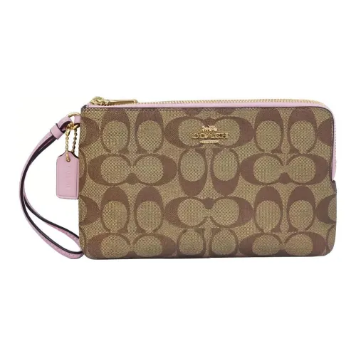 COACH Double Zip Wallet Кожа Детали Маленькая Сумка на запястье Клатч Маленькая Женская Хаки и Розовый