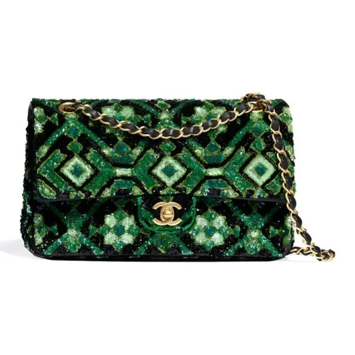 CHANEL Classic Flap CF Блестки Металл Сумка на плечо Женские Зеленый Черный