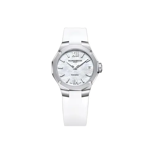 Baume Mercier Rivera Series Кварцевый механизм Женские часы 33 мм Белый циферблат Корпус из нержавеющей стали Резиновый ремешок