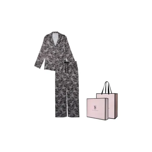 Victoria's Secret Satin Long Pajama Set Pajama Set Women's Black Gray With Print