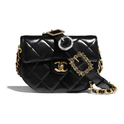 CHANEL Блестящая телячья кожа седельная сумка через плечо курьерская сумка стандартная женская черная