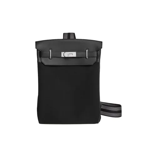 HERMES Hac a Dos Woolycot Canvas с Swift Телячья кожа Сумка на плечо Большая Женская Черный Графитовый