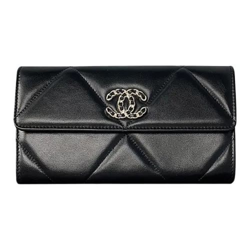 CHANEL 19Bag Lambskin Flap Bag Card Holder Wallet Women's Black