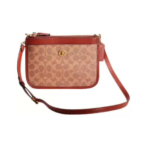 COACH Turnlock Холст Утончённая Кожа Сумка через плечо Маленькая Женская Коричневый и Ржавый