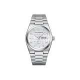 Серебряный корпус с белым циферблатом, серебряный стальной браслет.