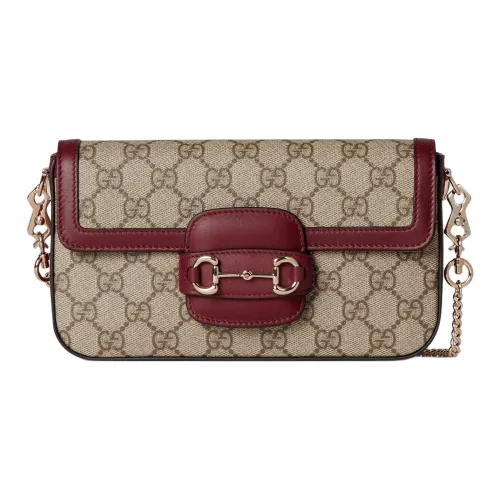 GUCCI Horsebit 1955 Покрытие Холст Сумка через плечо Мини Женская Бежевая и Темно-коричневая