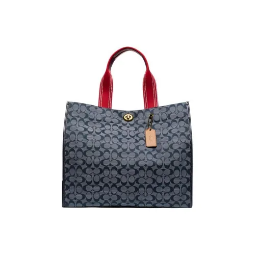 COACH Recycled Tote Linen с Dublen Leather Tote Shoulder Bag Large Women's Navy Blue