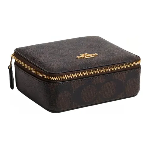 COACH Ювелирные украшения Bo Холст с кожей Шкатулка для украшений Хранение Коробка Большая Женские Золото Коричневый Черный