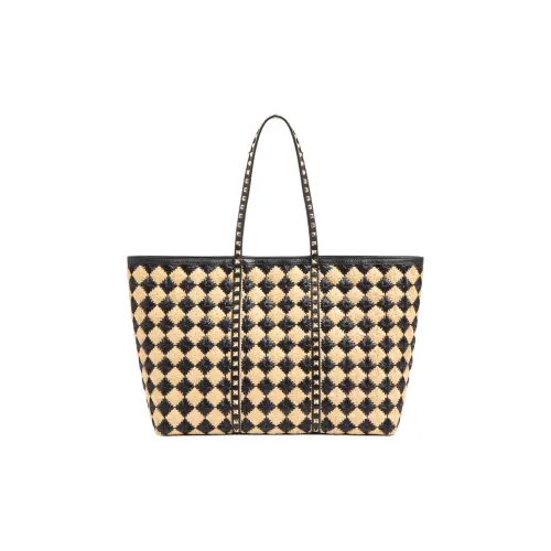 Valentino Синтетическая Рафия Клетка Вышивка Сумка-тоут Сумка для покупок Сумка через плечо Женская Натуральная и Черная