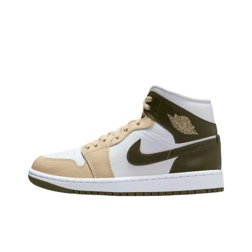 Jordan Air Jordan 1 Противоскользящий Устойчивый к износу MID Топ Винтажные баскетбольные кроссовки Женские Белые Коричневые Оливково-зеленые