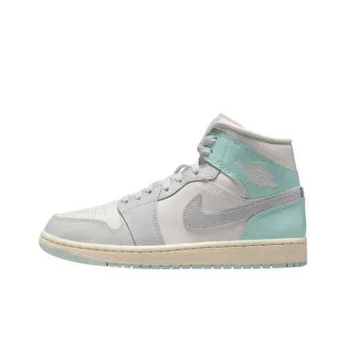 Jordan Air Jordan 1 Амортизация Износостойкий MID Топ Винтажные Баскетбольные Кроссовки Женские Серый Зеленый