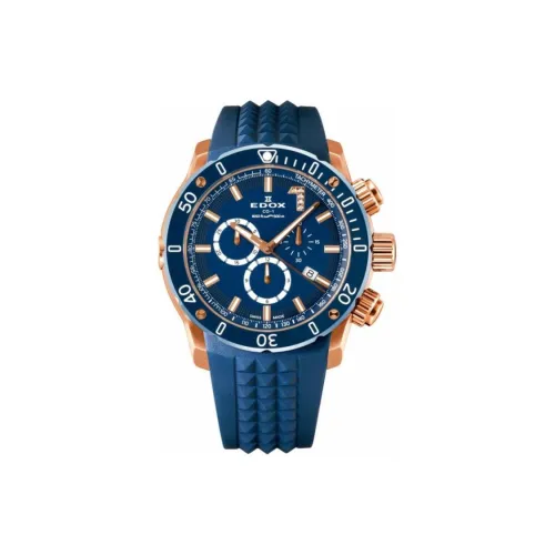 EDOX Кварцевый механизм Мужские часы Часы 45 мм Синий циферблат Нержавеющая сталь PVD покрытие Корпус часов Резиновый ремешок