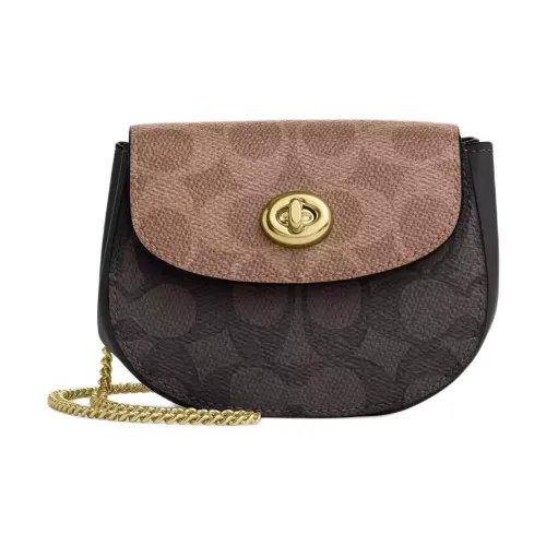 COACH Turnlock Покрытый холст Сумка на плечо Мини Женская Золото Персиковое дерево Коричневый Умбра