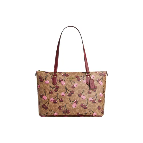 COACH Gallery Покрытый холст Сумка-тоут Сумка для покупок Сумка через плечо Большая Женская Золотая и Коричневая