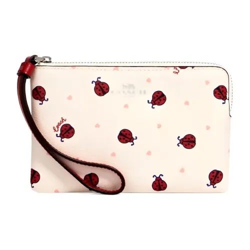 COACH Corner Zip Покрытый холст с кожаными вставками сумка на запястье с молнией кошелек для монет клатч маленький женский мел белый и красный