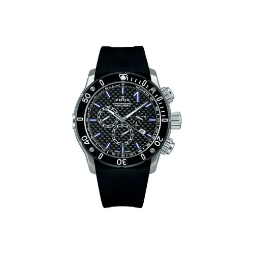 EDOX Кварцевый механизм Мужские часы Часы 45 мм Черный циферблат Корпус из нержавеющей стали Резиновый ремешок