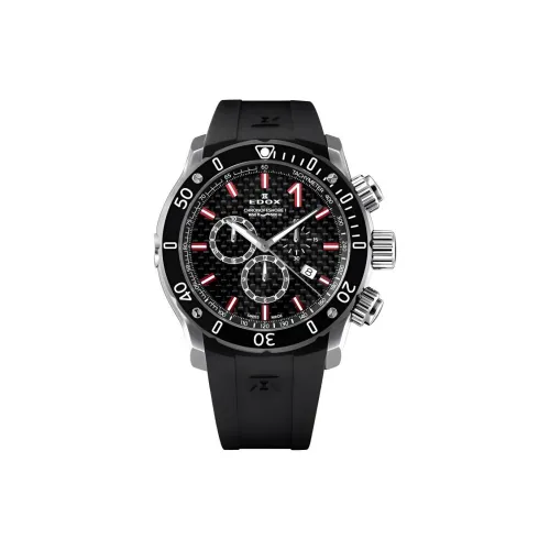 EDOX Кварцевый механизм Мужские часы Часы 45 мм Черный циферблат Корпус из нержавеющей стали Резиновый ремешок