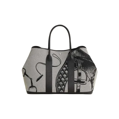 HERMES Garden Party Холст с Negonda Телячья кожа Садовая сумка Женская Черная