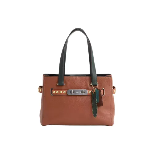 COACH Swagger Кожа Сумка Большая Женская Серебряный Инкрустированный Седло