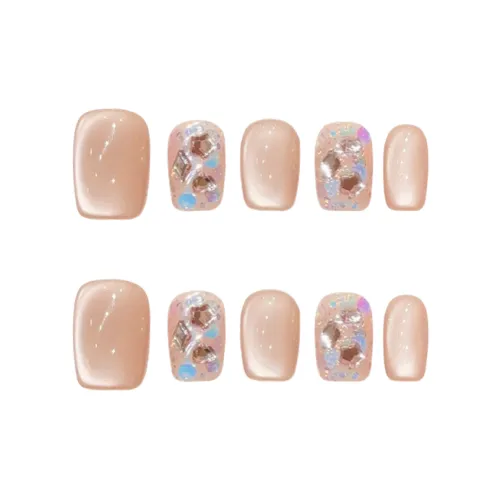 COLLEEN Elegance Brightening Peachy Удача False Nail Короткий Квадрат Розовый Однотонный Блестки Кошачий глаз 15 мм 10 шт